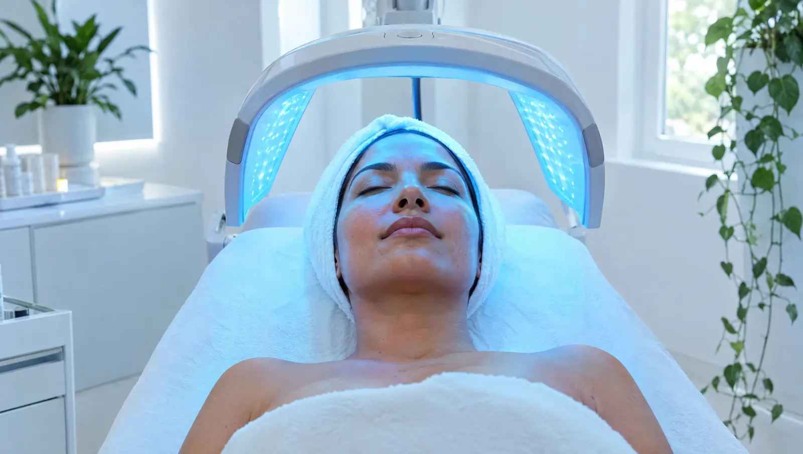 Paciente relajada bajo fototerapia LED azul
